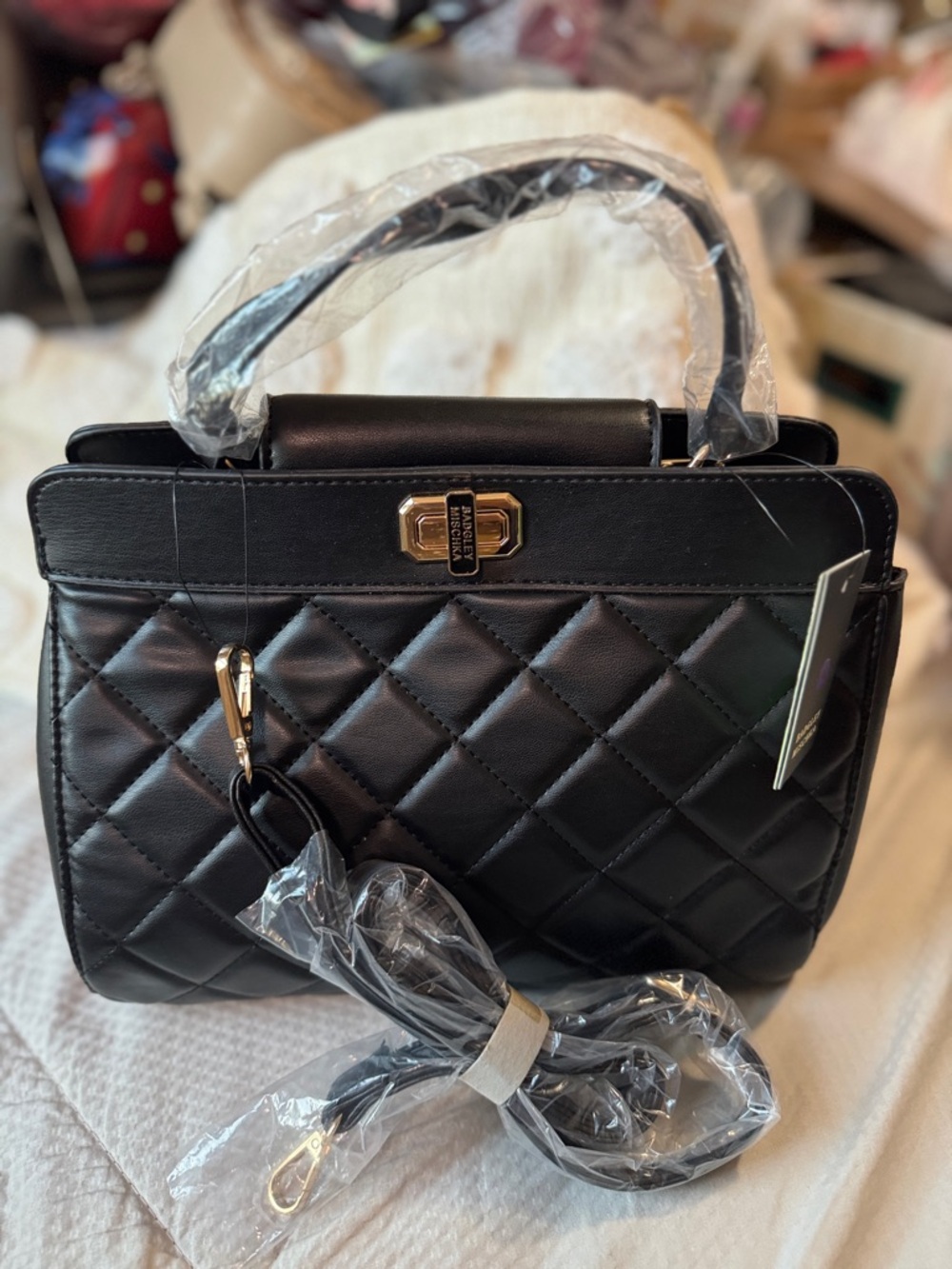 Badgley Mischka Black Quilted Top-Handle Satchel NWT new with tags